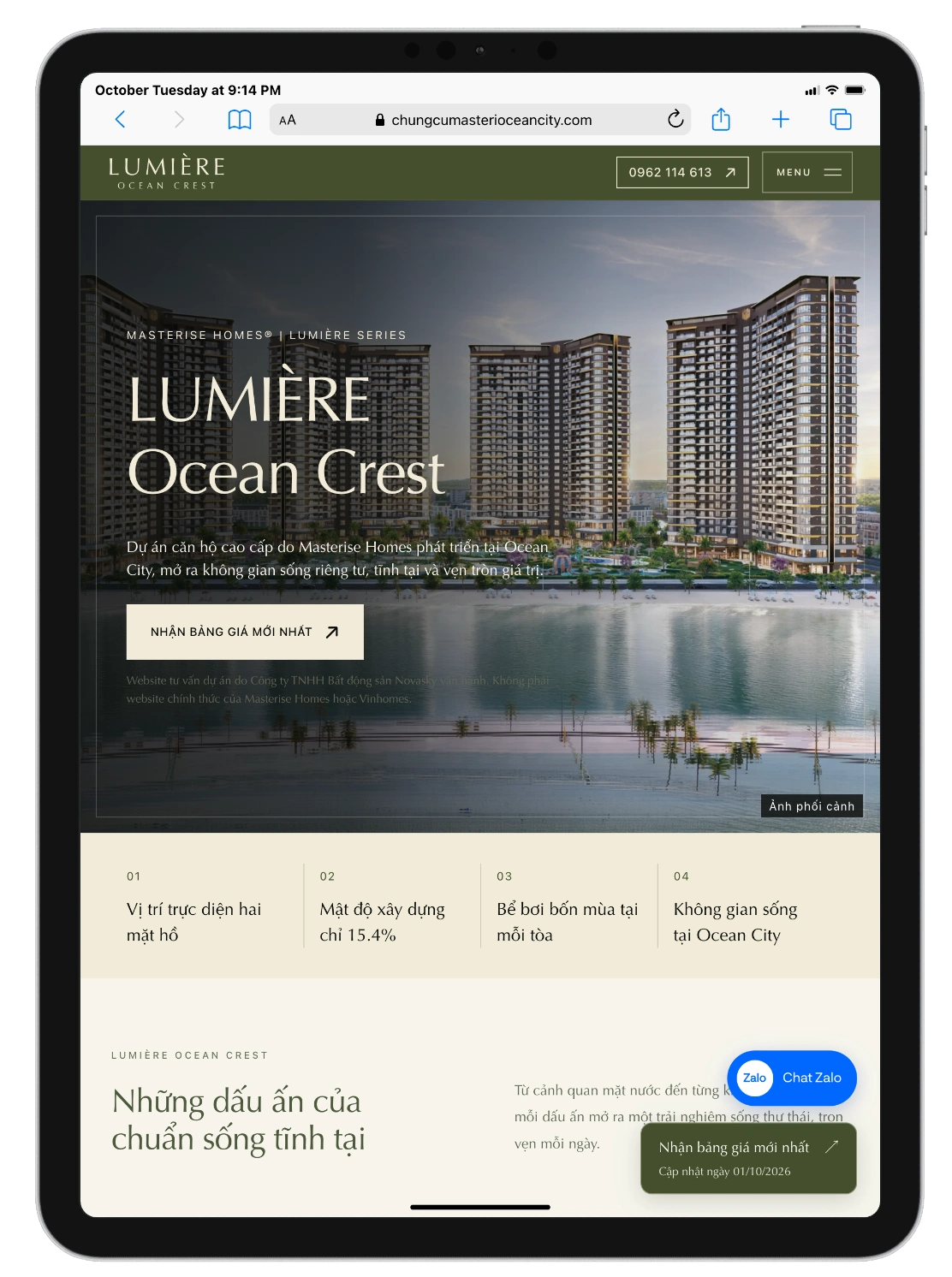 Giao diện thực tế Lumière Ocean Crest trên iPad