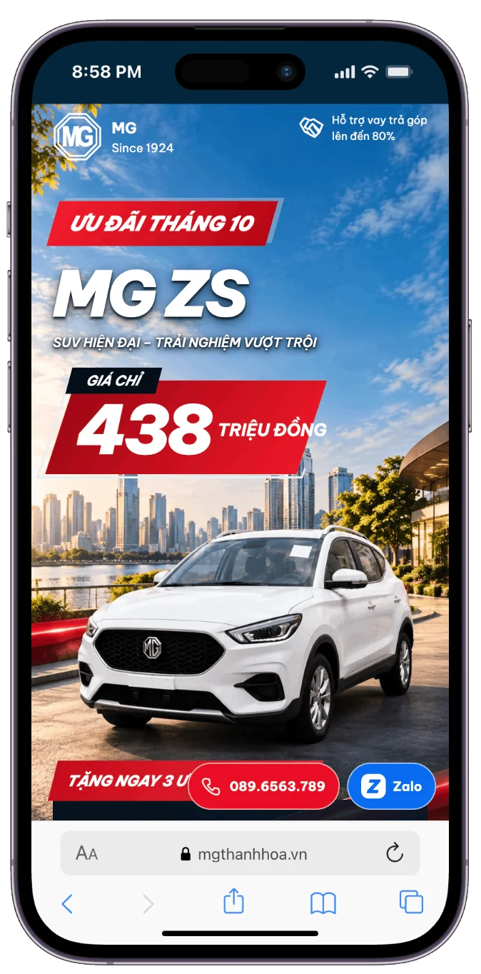 Giao diện mobile thực tế website MG Thanh Hóa trên iPhone